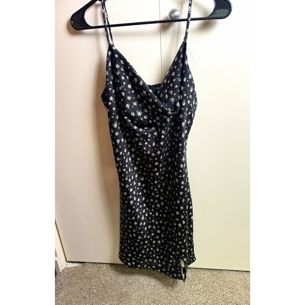 rue21 XL Black/White Floral Satin Slip Mini Dress Cowl Neck Strappy Sleeveless